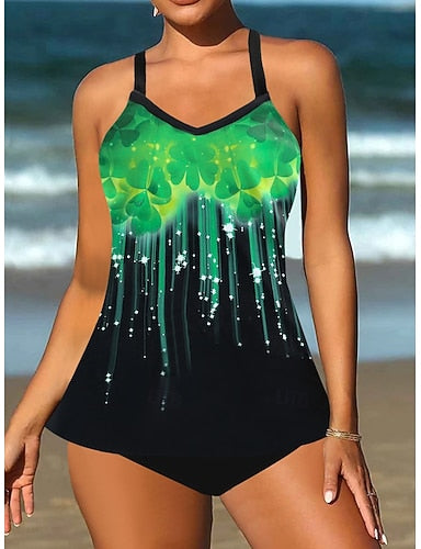 Tankini 2 Piece Swimsuit Cheeky Tummy Control High Waist Slim Backless Vacation Beach Wear Ombre U Neck Sleeveless Bathing Suits