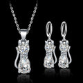 Happy Cat Necklace and Earring Set Made of Silver and Polished White Zirconia