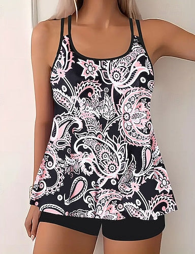 Swimwear 2 Piece Shorts Swimsuit Backless Vacation Beach Wear Graphic U Neck Sleeveless Bathing Suits