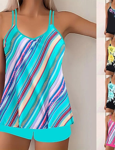Tankini 2 Piece Swimsuit Boy Leg Tummy Control High Waist Slim Backless Vacation Beach Wear Geometric Scoop Neck Sleeveless Bathing Suits