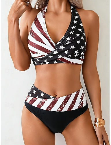 Independence Day American Anniversary Patriotic Swimwear One Piece High Cut Swimsuit Beach Wear Summer Graphic Flag U Neck Sleeveless Bathing Suits