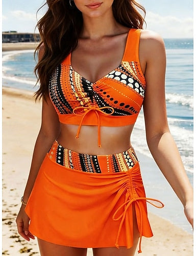 Swimwear Bikini 2 Piece Skirt Swimsuit Tummy Control High Waist Slim Backless Vacation Graphic Geometic V Neck Sleeveless Bathing Suits