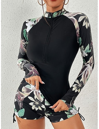 Tankini 2 Piece Swimsuit Shorts Tummy Control High Waist Slim Backless Vacation Beach Wear Leaves High Neck Long Sleeve Bathing Suits