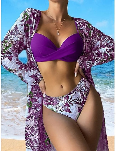 Swimwear Bikini Three Piece High Waist Swimsuit Slim Backless Vacation Beach Wear Tropical V Neck Sleeveless Long Sleeve Bathing Suits