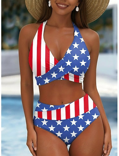 Swimwear Bikini Briefs Swimsuit Vacation Graphic Flag V Neck Sleeveless Bathing Suits