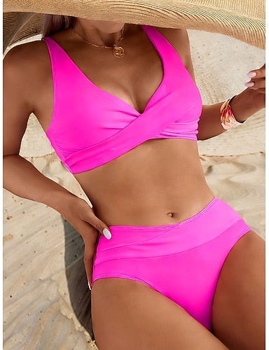 Swimwear Bikini Cheeky Swimsuit Vacation Color V Neck Sleeveless Bathing Suits
