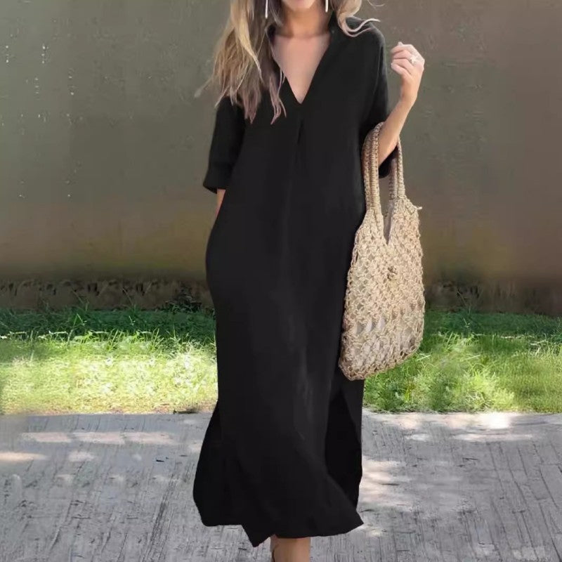 LM | Linen dress with V-neck and pocket