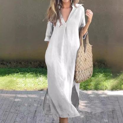 LM | Linen dress with V-neck and pocket