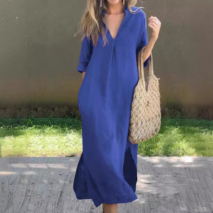 LM | Linen dress with V-neck and pocket