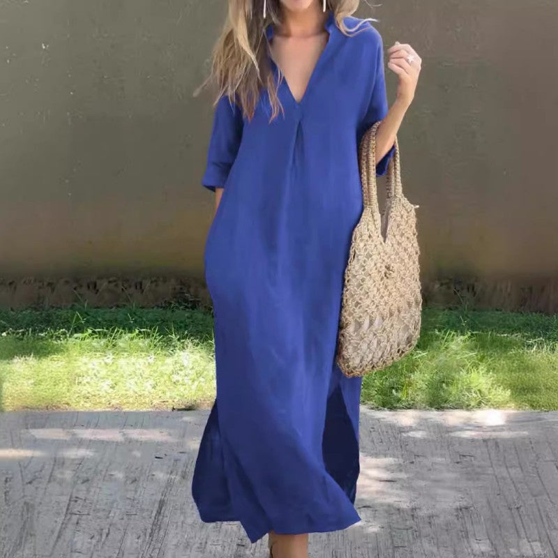 LM | Linen dress with V-neck and pocket