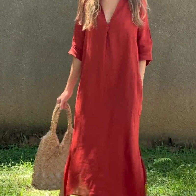 LM | Linen dress with V-neck and pocket
