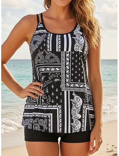 Swimwear 2 Piece Shorts Swimsuit Backless Vacation Beach Wear Graphic Round Neck Sleeveless Bathing Suits