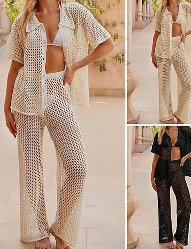 Swimwear Cover Up 2 Piece Swimsuit Cut Out Knitted Vacation Beach Wear Color Round Neck Short Sleeves Bathing Suits