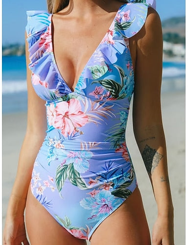 One Piece Swimsuit Ruched Palm Monokini Ruffle Tummy Control High Waist Slim Backless Vacation Beach Wear V Neck Sleeveless Bathing Suits