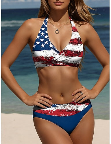 Independence Day American Anniversary Patriotic Swimwear One Piece High Cut Swimsuit Beach Wear Summer Graphic Flag U Neck Sleeveless Bathing Suits