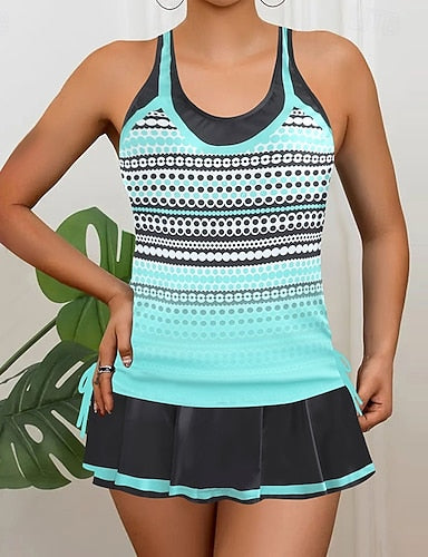 Swimwear 2 Piece Skirt Swimsuit Backless Vacation Beach Wear Graphic Round Neck Sleeveless Bathing Suits