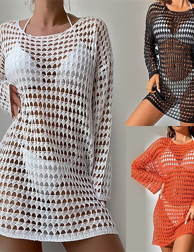 Swimwear Cover Up Swim Dress Swimsuit Cut Out Vacation Beach Wear Plain Round Neck Long Sleeve Bathing Suits