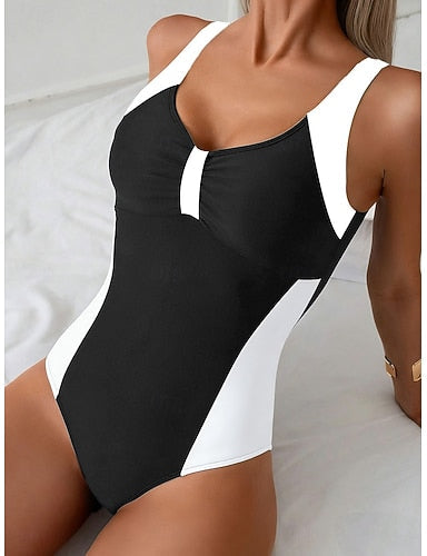 Swimwear One Piece Monokini Briefs Swimsuit Tummy Control High Waist Slim Backless Vacation Color Graphic U Neck Sleeveless Bathing Suits