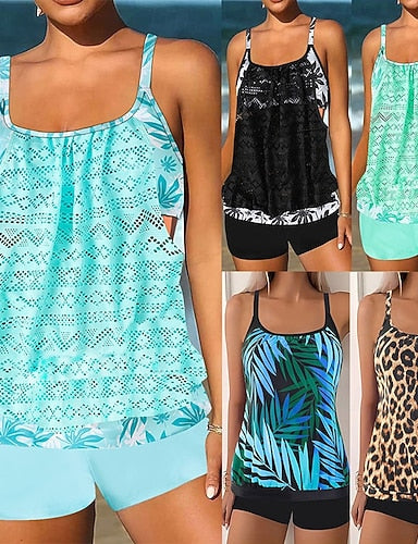 Swimwear 2 Piece Briefs Swimsuit Backless Vacation Beach Wear Graphic Leopard Round Neck Sleeveless Bathing Suits