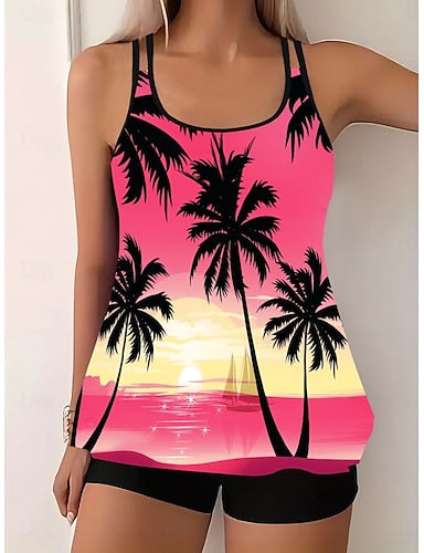 Tankini 2 Piece Swimsuit Palm Boy Leg Tummy Control High Waist Slim Backless Vacation Beach Wear Leaves U Neck Sleeveless Bathing Suits