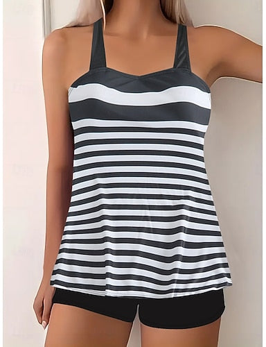 Tankini 2 Piece Swimsuit Colorblock Shorts Tummy Control High Waist Slim Backless Vacation Beach Wear Striped V Neck Sleeveless Bathing Suits