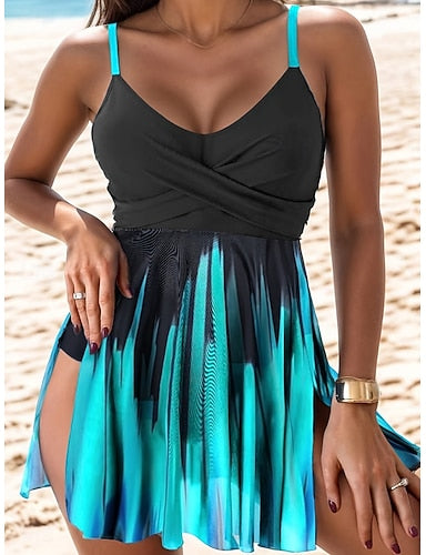 Tankini 2 Piece Swimsuit Cheeky Tummy Control High Waist Slim Backless Vacation Beach Wear Ombre Graphic V Neck Sleeveless Bathing Suits