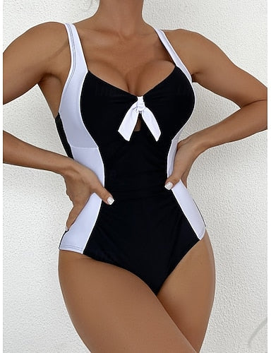 Swimwear One Piece Monokini Swimsuit Tummy Control High Waist Slim Backless Vacation Beach Wear Color Block V Neck Sleeveless Bathing Suits