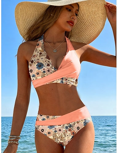 Bikini 2 Piece Swimsuit Ruched Cheeky Vacation Graphic V Neck Sleeveless Bathing Suits