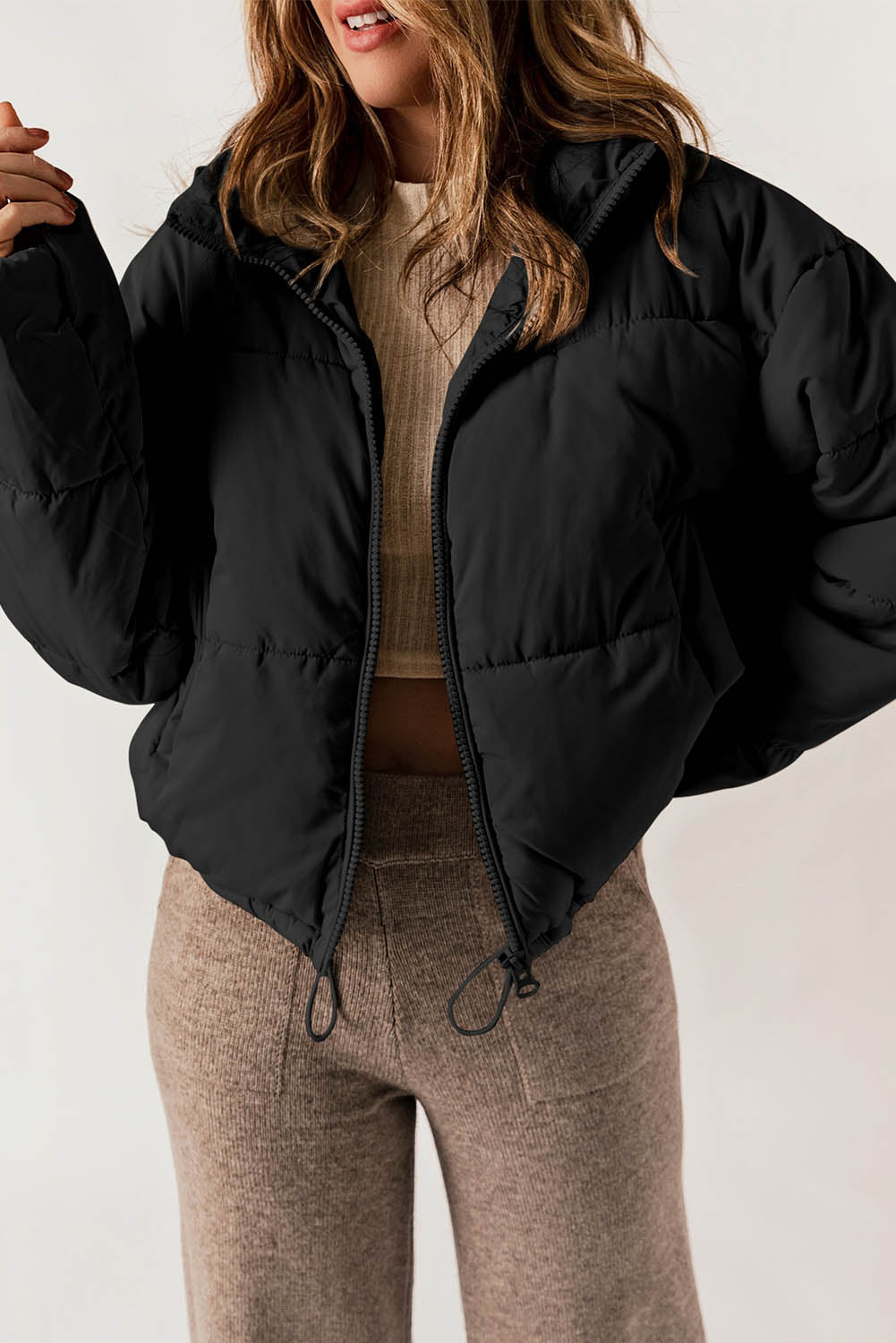 Zip Up Drawstring Hem Puffer Coat - Coats - Sunny Angela