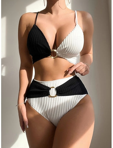 Bikini 2 Piece Swimsuit Underwire Colorblock Briefs Slim Backless Vacation Beach Wear Color V Neck Sleeveless Bathing Suits